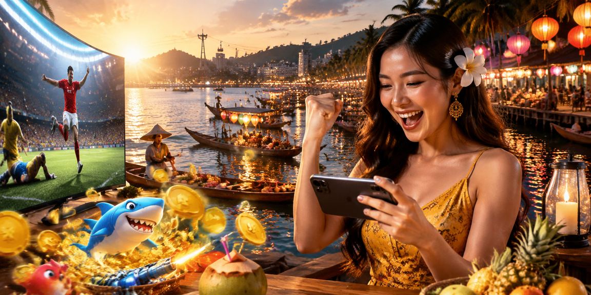 Người dùng tại Phú Quốc trải nghiệm casino di động trên bãi biển qua ứng dụng 300i